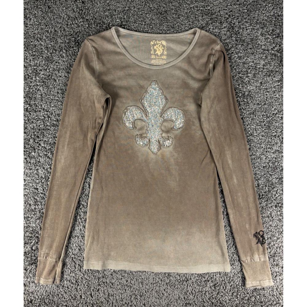 Velvet Stone Womens Fleur De Lis Rhinestone Long Sleeve Top Brown Size M Y2K